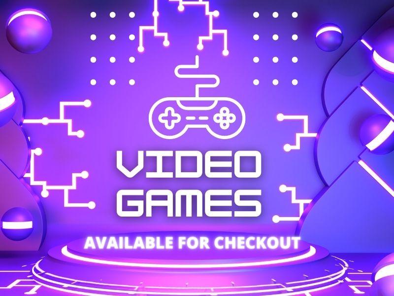 Purple Futuristic Background with Video Game Console Controller Graphic. Text that reads: Video Games Available for Checkout