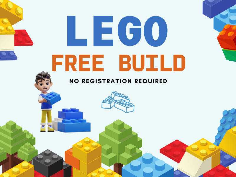 image of kid playing with legos. text reads lego free build. no registration required. 