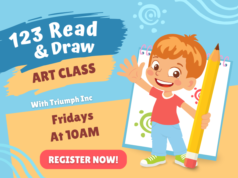 image of boy with pencil. text reads 123 read and draw art class. with triumph inc. fridays at 10am. register now!