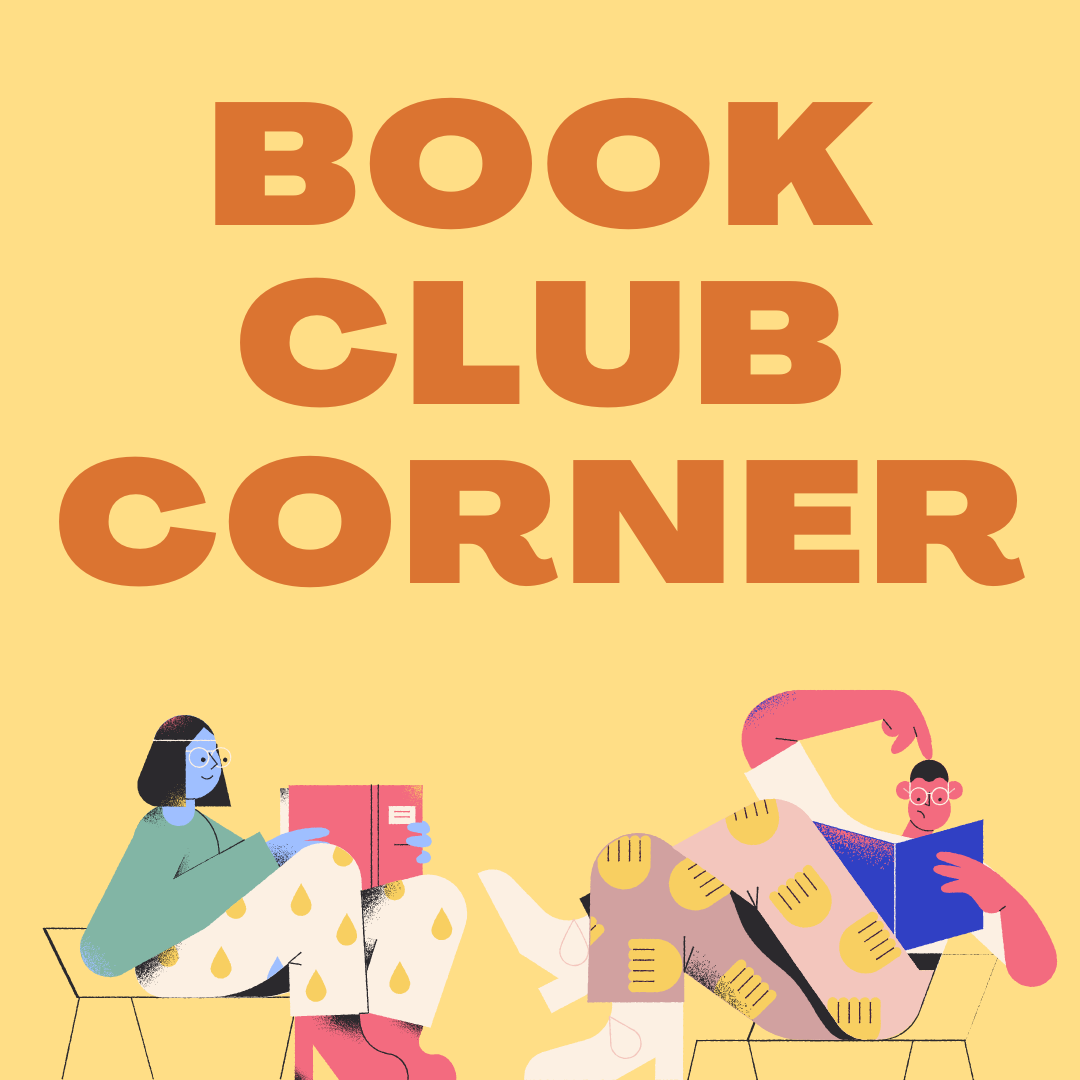 two people reading with text that reads book club corner