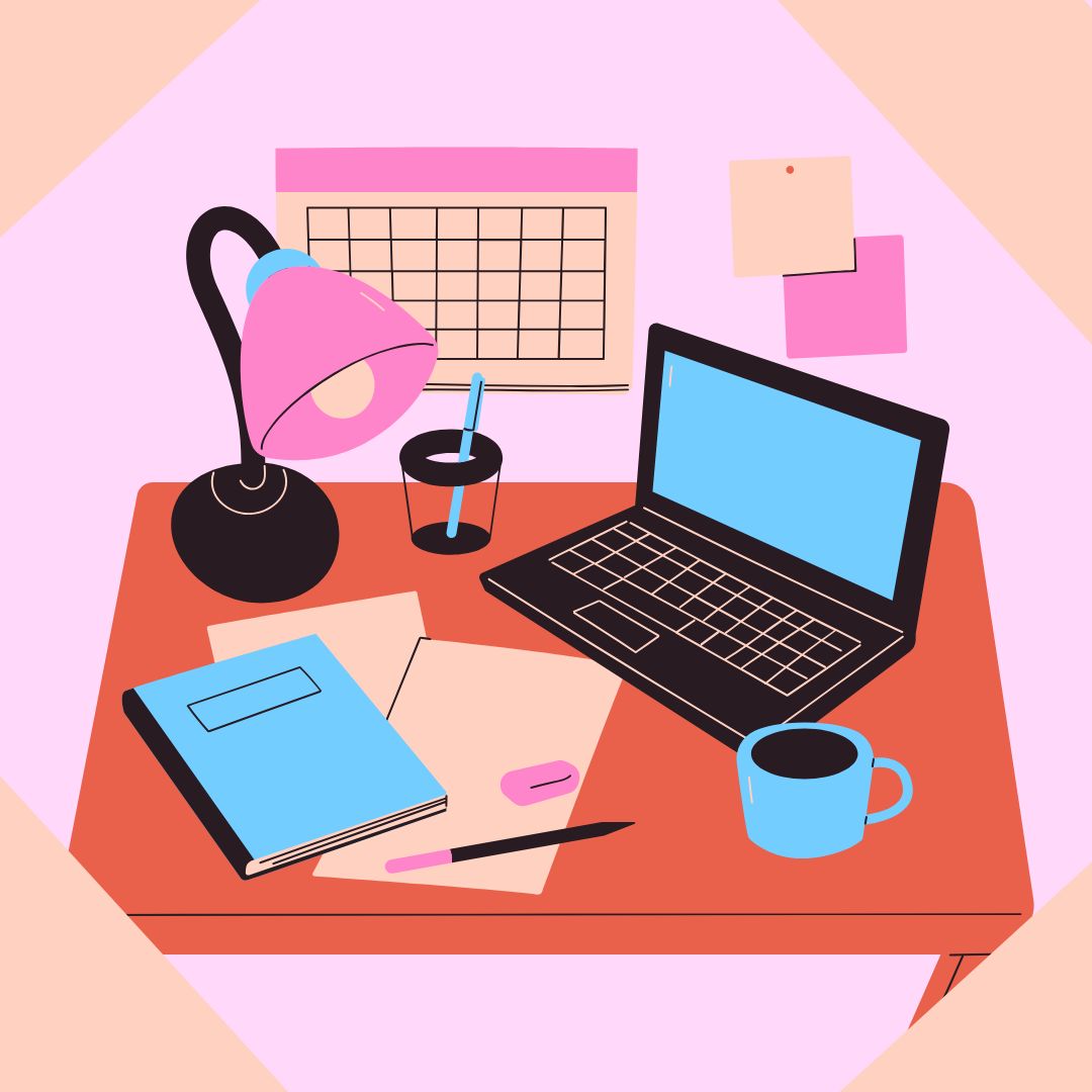 Desk with computer, lamp, and notebook