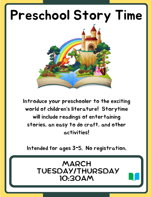 Introduce your preschooler to the exciting world of children’s literature!  Storytime will include readings of entertaining stories, an easy to do craft, and other activities!