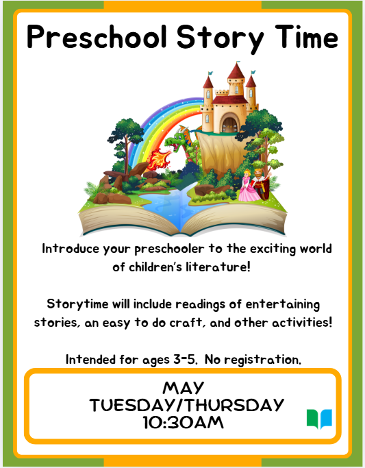Storytime will include readings of entertaining stories, an easy to do craft, and other activities!