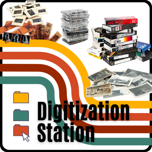 filmstrips, photographs, vhs tape, and cassette tape with text that reads digitization station