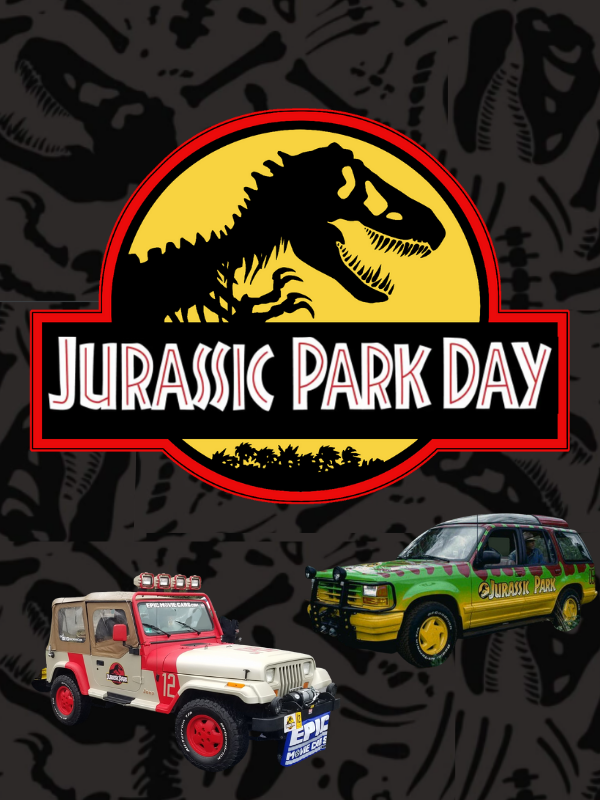 jurassic park cars and jurassic park logo with text that reads Jurassic Park Day