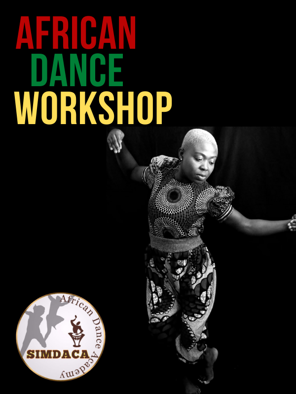 photograph of African dancer with Simdaca logo and text that reads African Dance Workshop