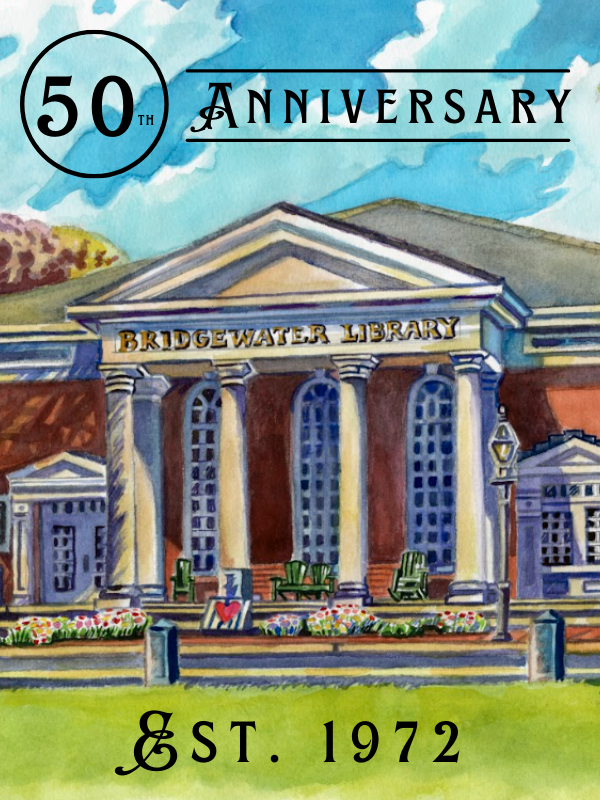 watercolor of library building with text that reads 50th anniversary est. 1972