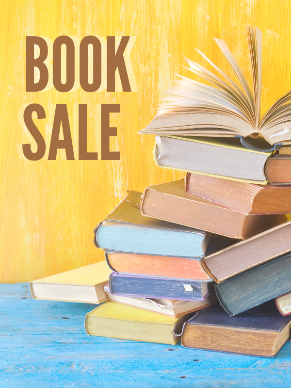 stack of books image with text that reads book sale