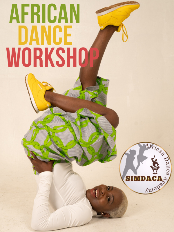 dancer with text that reads african dance workshop and simdaca logo