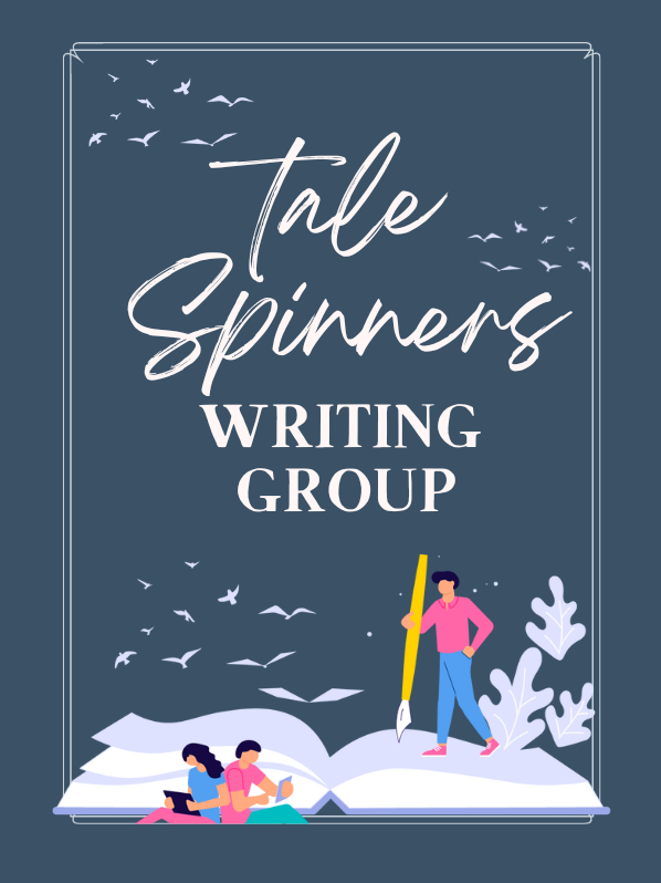people writing in giant book with text that reads tale spinners writing group
