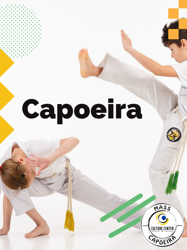 kids doing capoeira with text that reads capoeira and the mass capoeira culture center logo