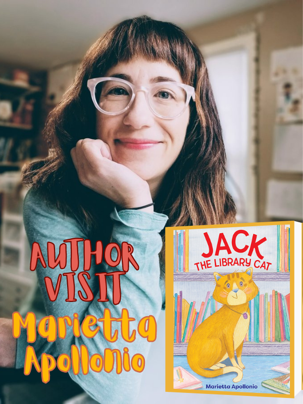 image of marietta apollonio and her book jack the library cat with text that reads author visit