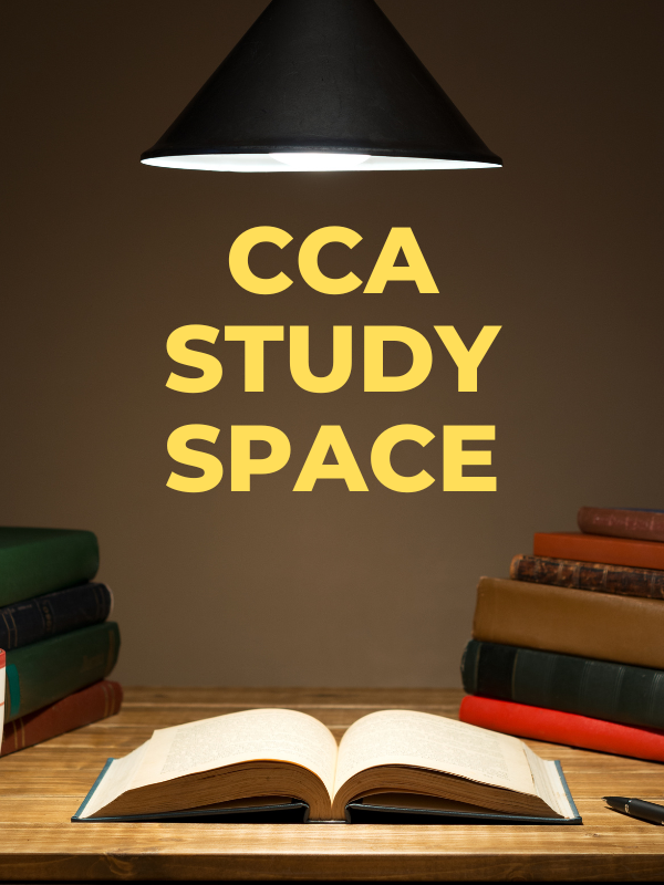 lamp over book and text that reads cca study space