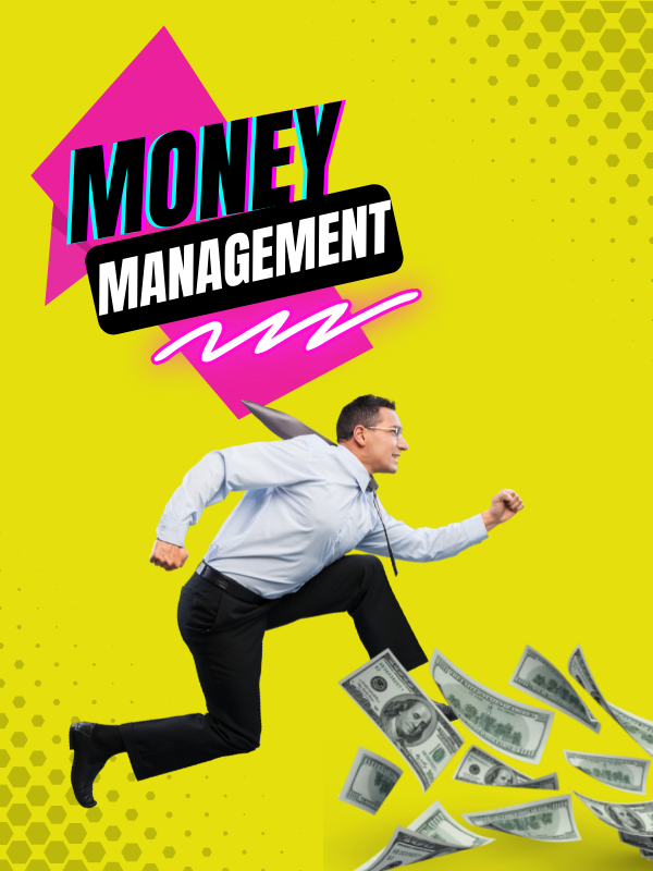 man jumping with money flying at him and text that reads money management