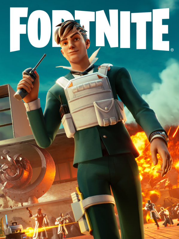 Fortnite poster of man with holster. Explosions in background. 