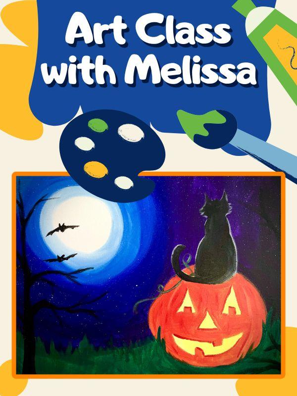 Paint-themed background with paint, paintbrush, and paint holder. Picture of painting with a moon, pumpkin, and cat sitting on a pumpkin.