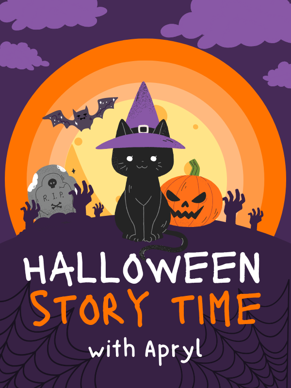 halloween imagery with text that reads halloween story time with apryl
