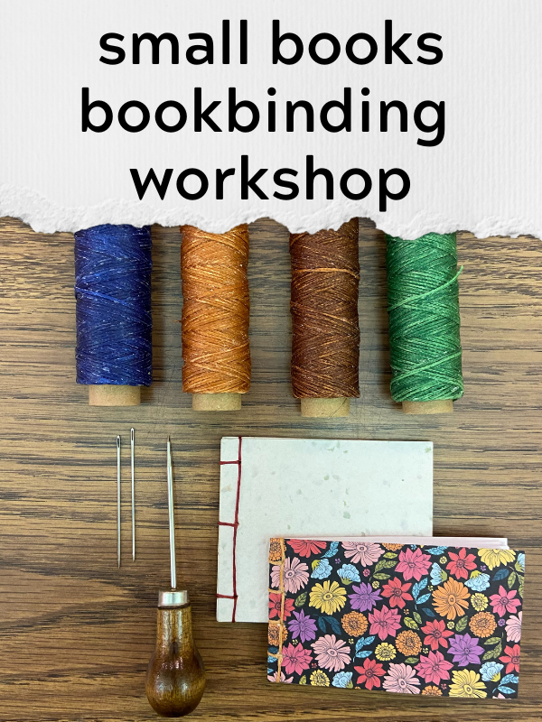 bookbinding tools and books with text