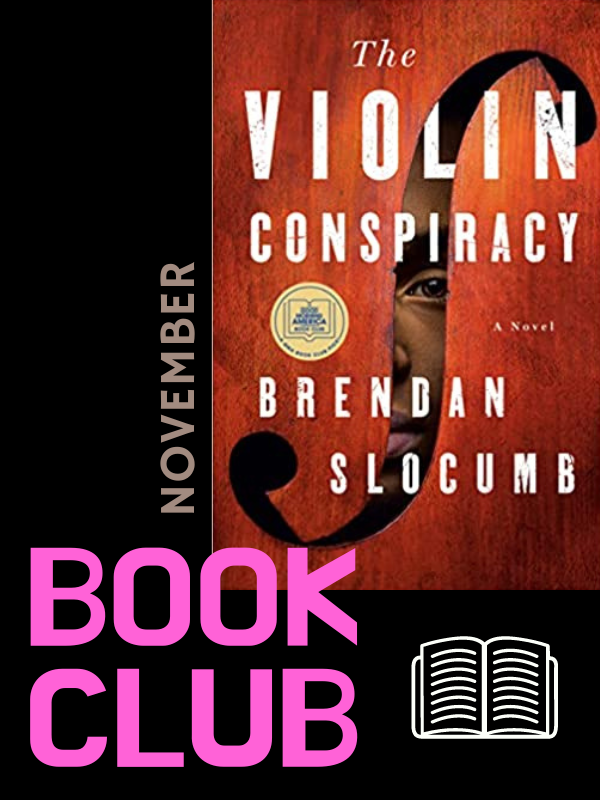 violin conspiracy book cover with text that reads november book club