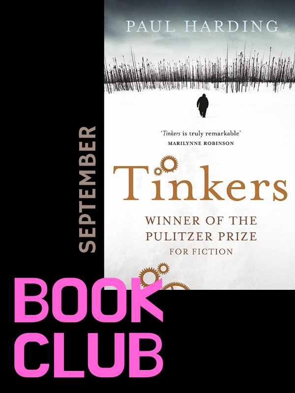 tinkers book cover image with text that reads book club september