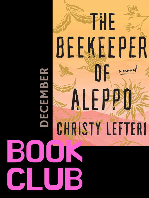 beekeeper of aleppo book cover image with text that reads book club december
