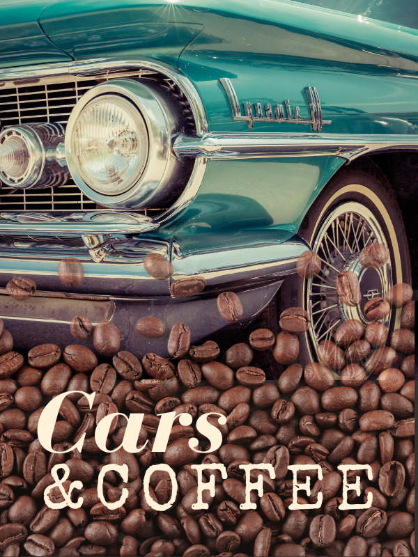 classic car and coffee beans with text that reads cars & coffee 
