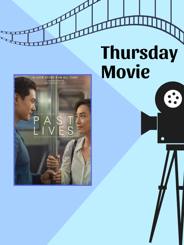 Image Includes: Film and Old fashioned camera projecting image of cover of Film Past Lives which inculdes man and woman on train looking at each other. Text Reads: Thursday Movie. 