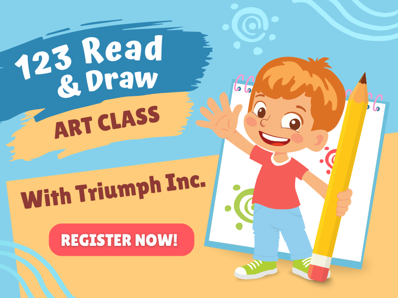 image of boy with pencil and notepad. text reads 123 read and draw art class. with trumph inc. register now!