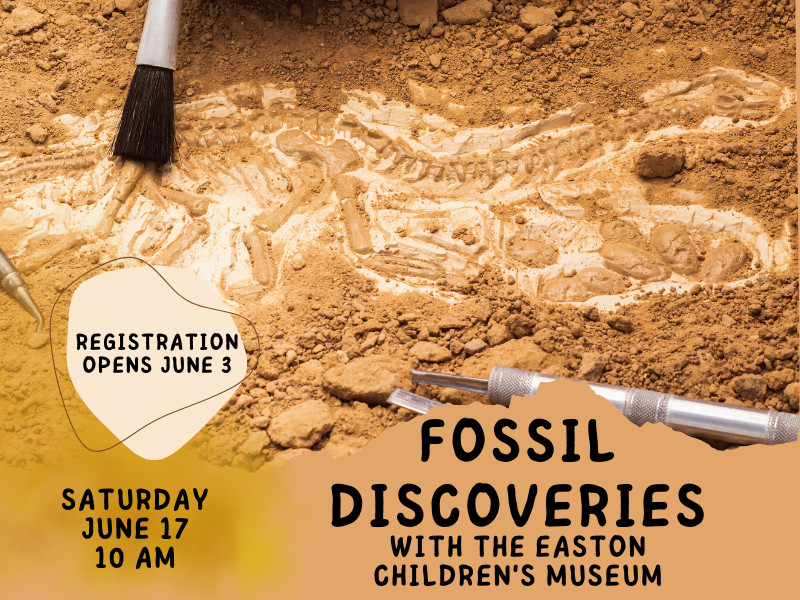 fossil image with text that reads fossil discoveries with the easton children's museum saturday june 17 10 am registration opens june 3