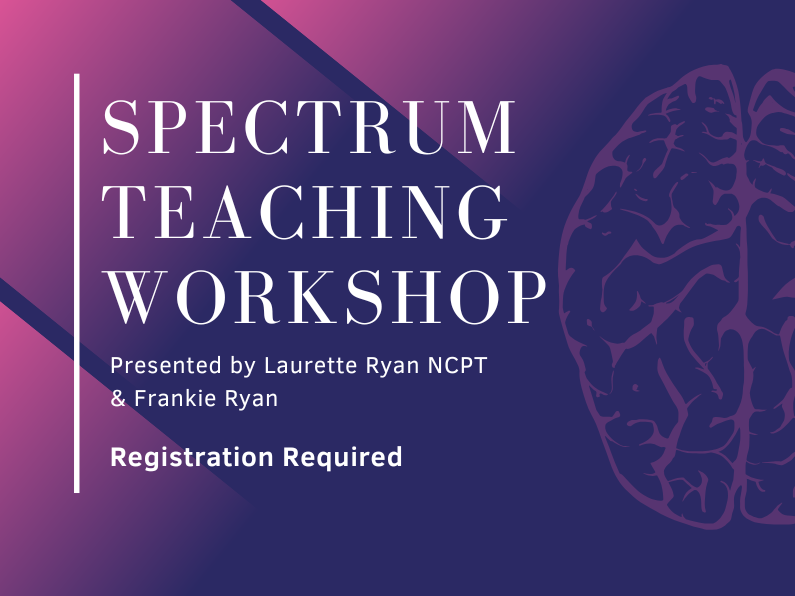 image of brain. text reads spectrum teaching workshop. presented by laurette ryan NCPT and Frankie Ryan. Registration required, 