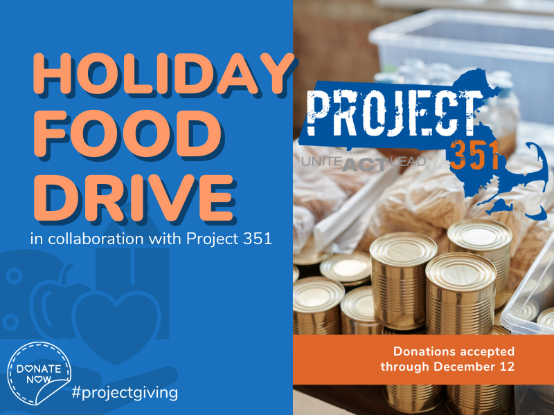 packages of food with text that reads holiday food drive in collaboration with Project 351 donations accepted through December 12